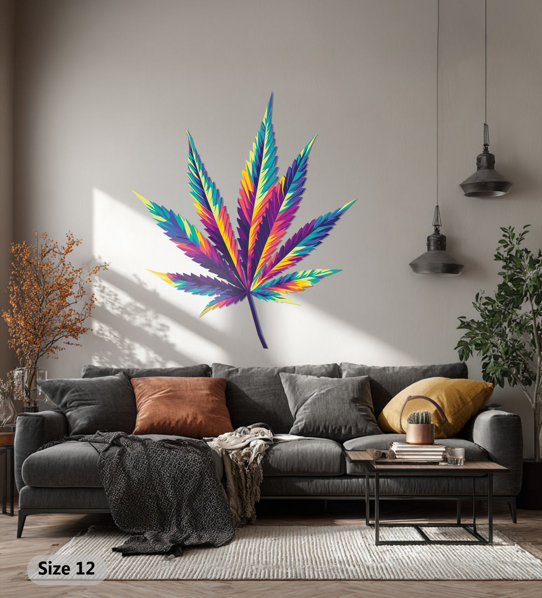 Horizontally oriented cannabis leaf metal wall decor features an abstract psychedelic shape, adding a vibrant touch to any home decor.