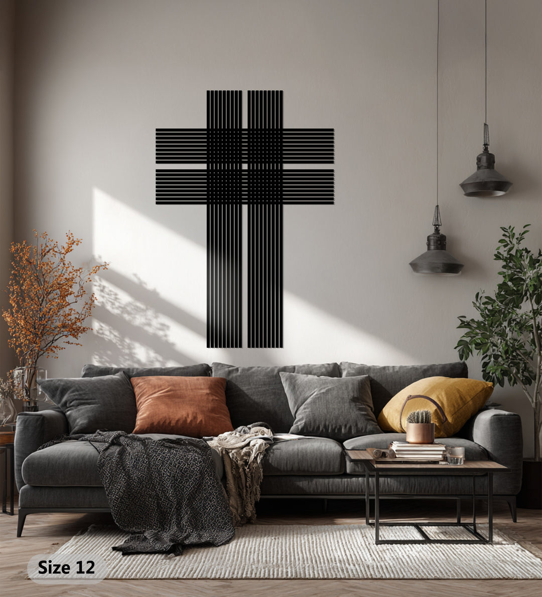 التوازن السماوي – صليب فضي خطي فن جداري معدني