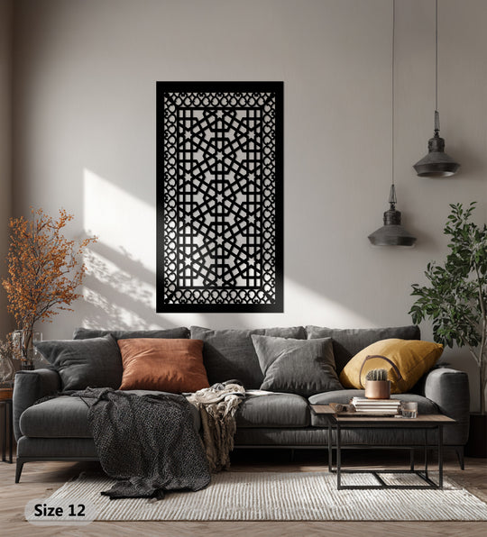 Black dominates this unique metal wall art panel showcasing a geometric Islamic lattice design, perfect as a striking and modern openwork accent.