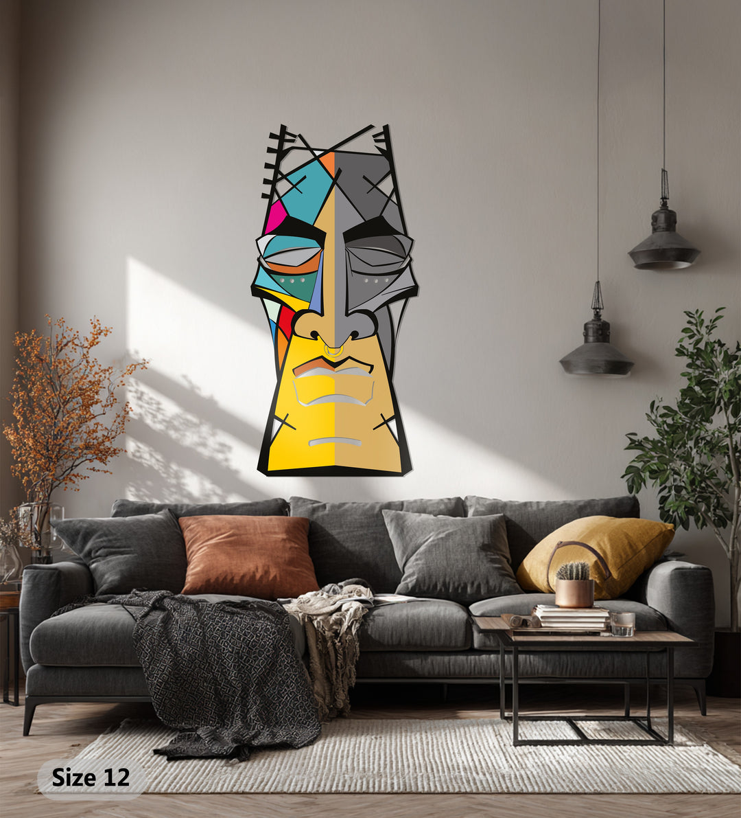 Abstract Tribal Face Metal Wall Art – Colorful Modern Geometric Decor