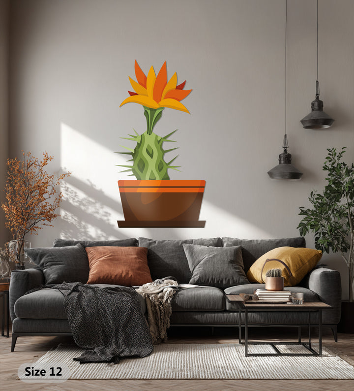 Detailed decorative metal art brings a high-quality, durable sheen to the Sunrise Cactus Bloom metal wall art, enhancing its modern botanical design.