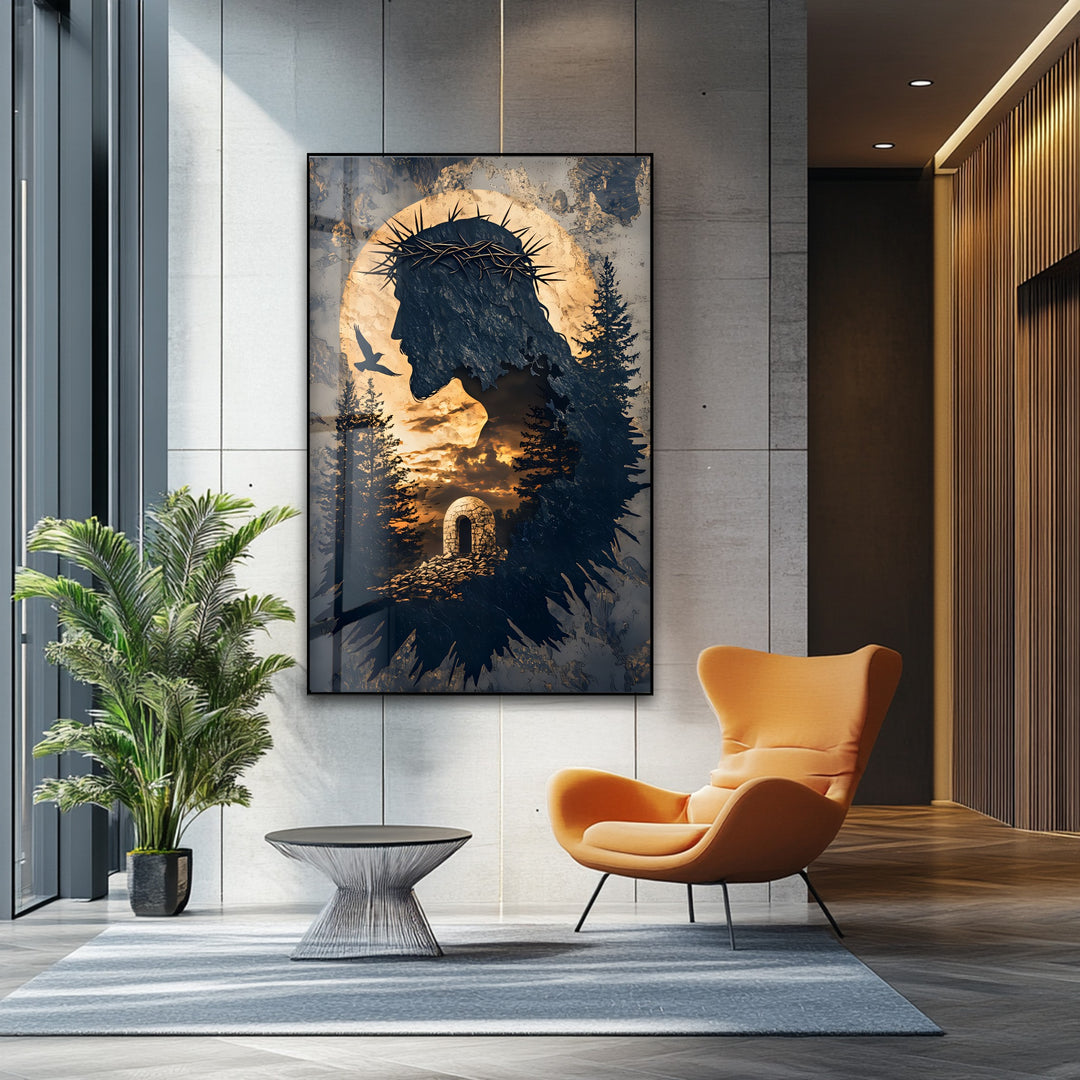He Is Risen – Silhouette of Christ with Resurrection Tomb Glass Wall Art