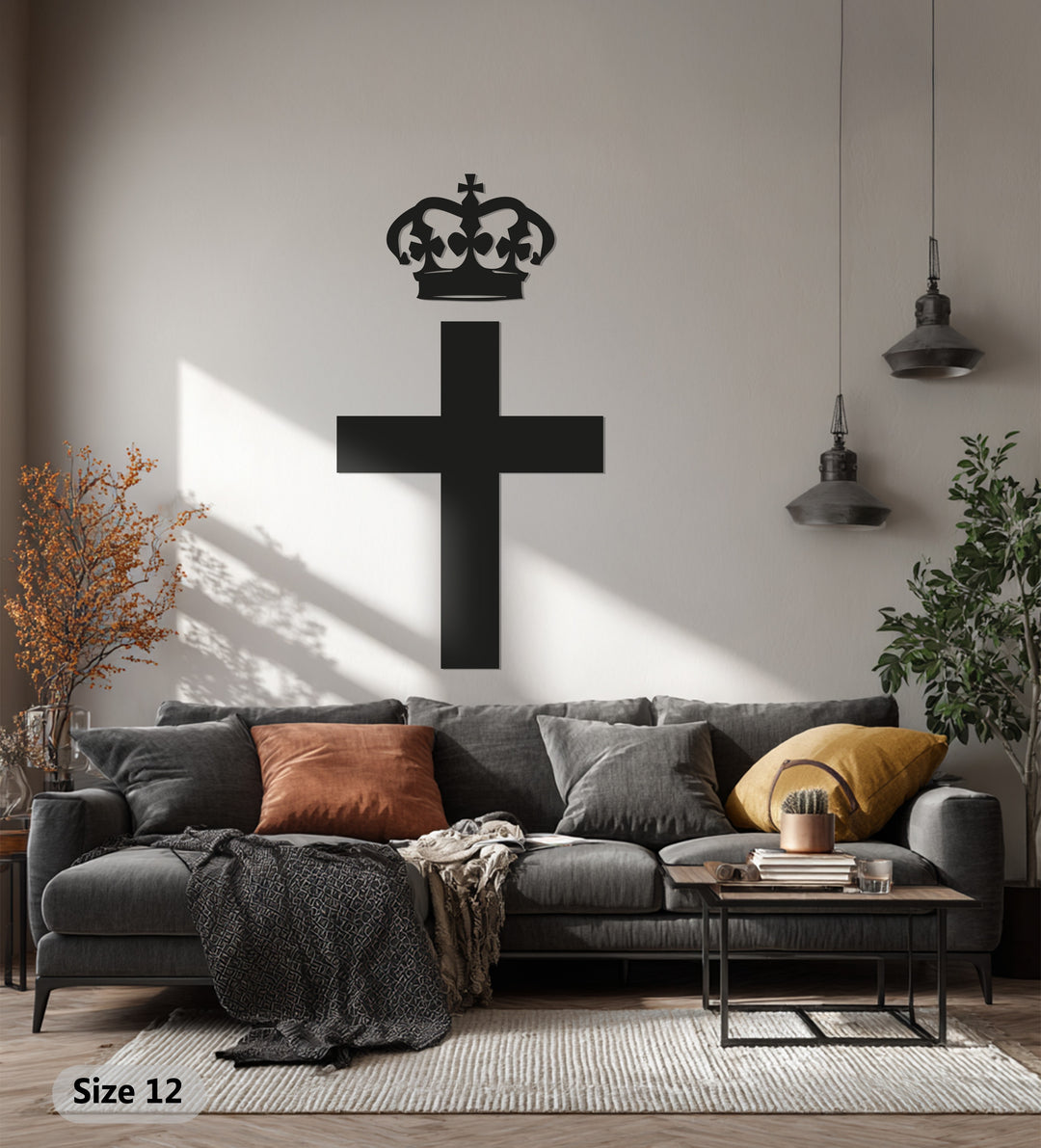 Cross with Crown Metal Wall Art – Black Religious Wall Sculpture