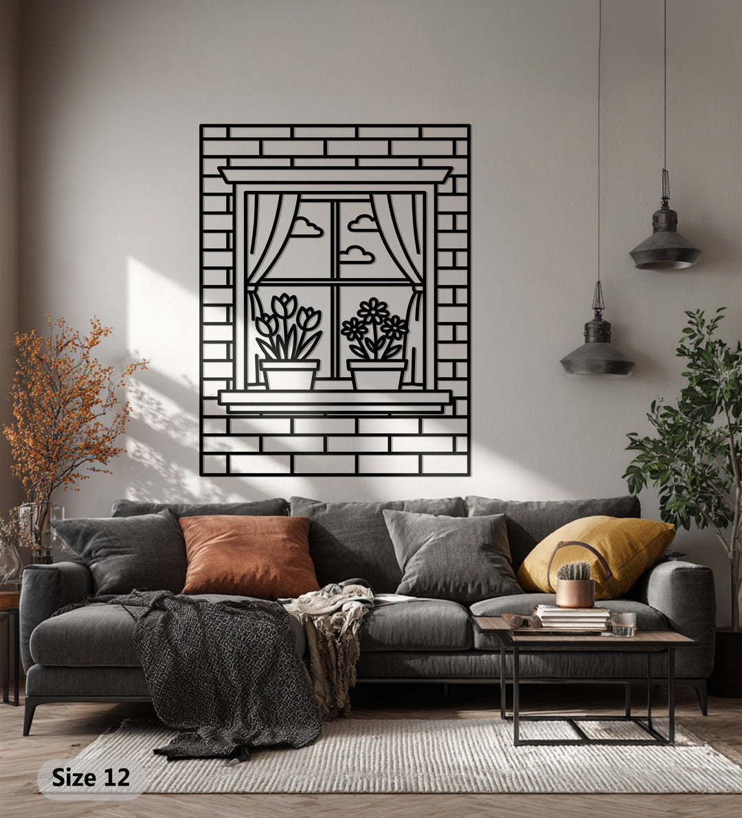 Floral Window Scene – Decorative Metal Wall Art with Curtains & Flowers