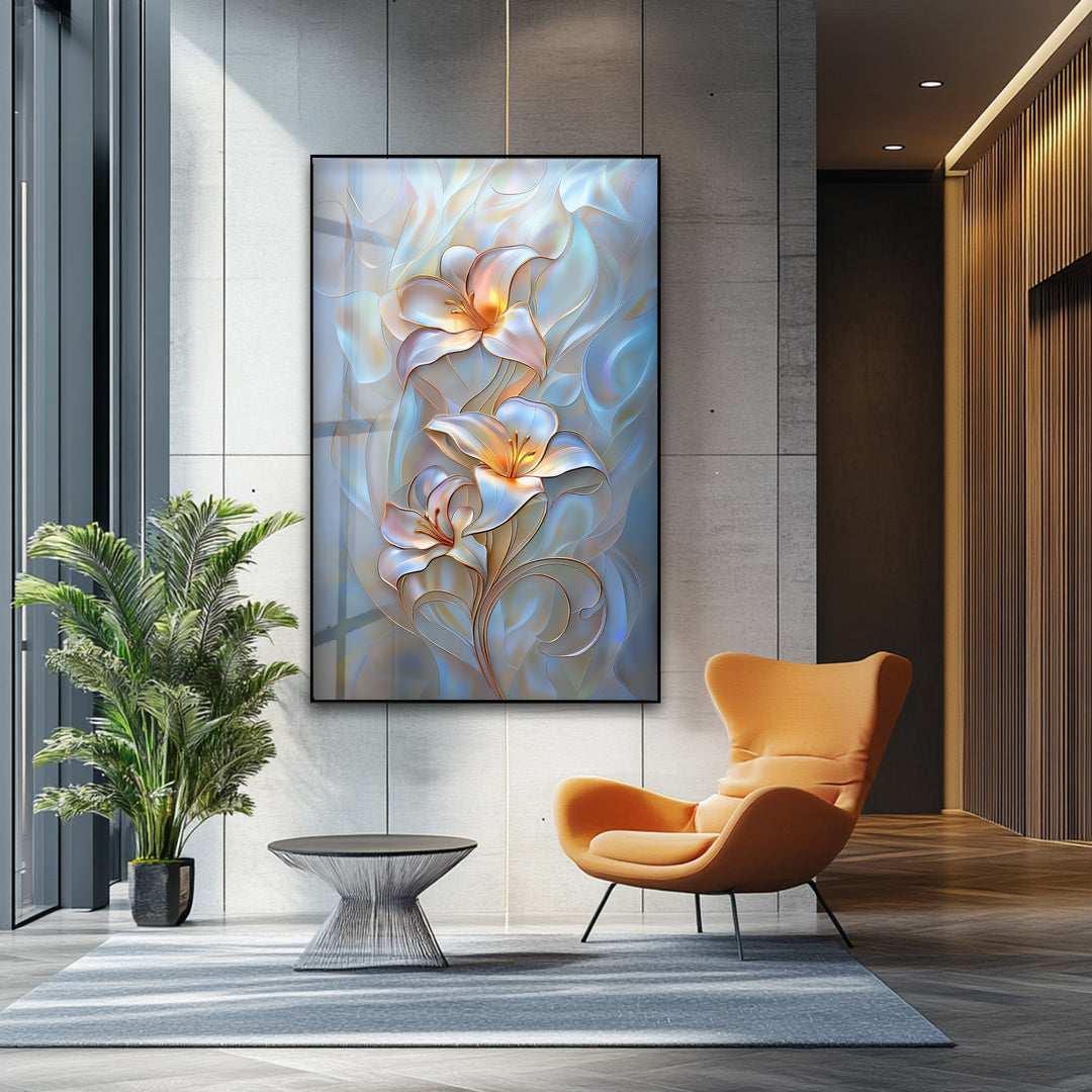 Luminous Lily Whispers – Floral Glass Wall Art