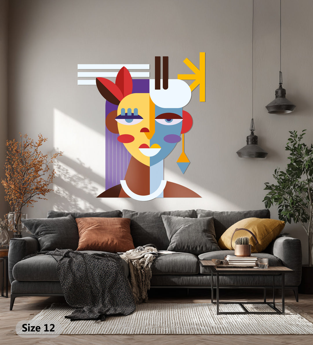 Abstract Woman Face Metal Wall Art – Colorful Modern Cubist Home Decor