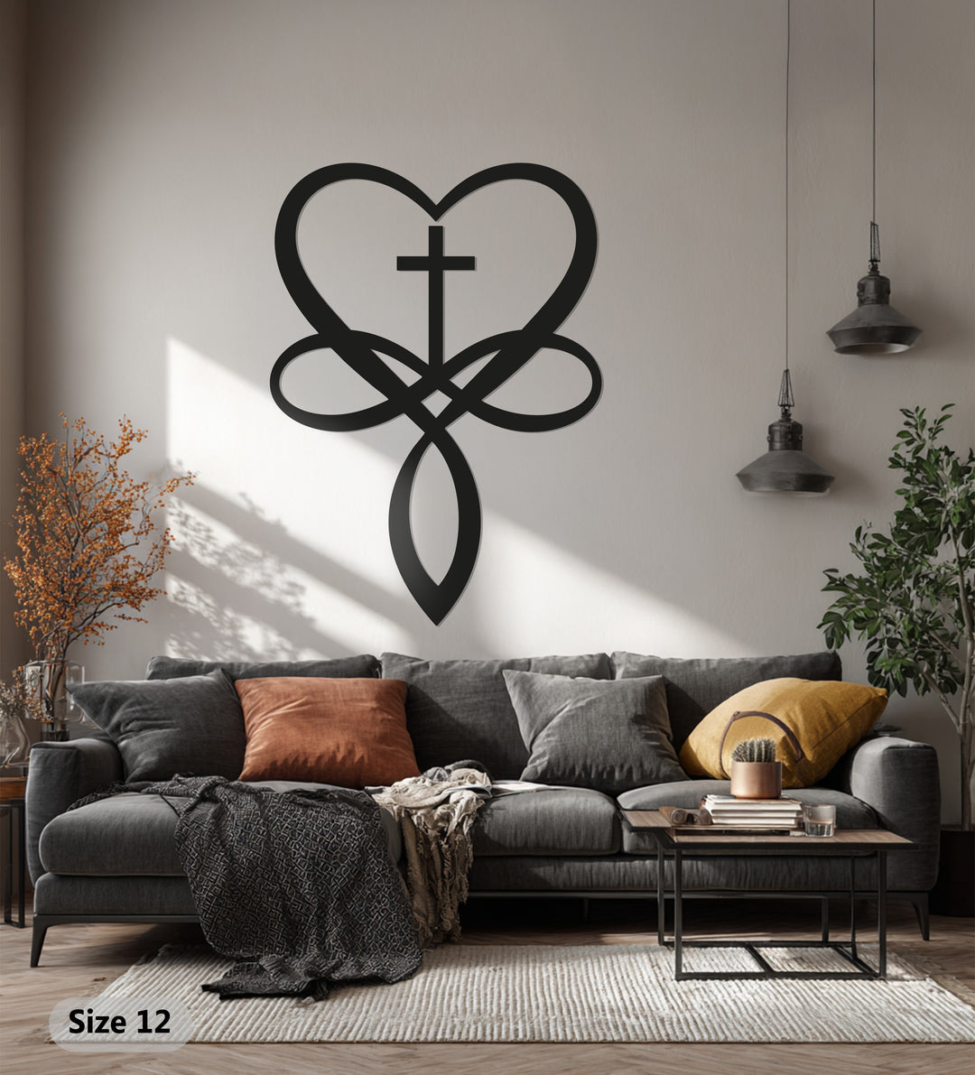 Heart Cross Metal Wall Art – Black Religious Wall Sculpture