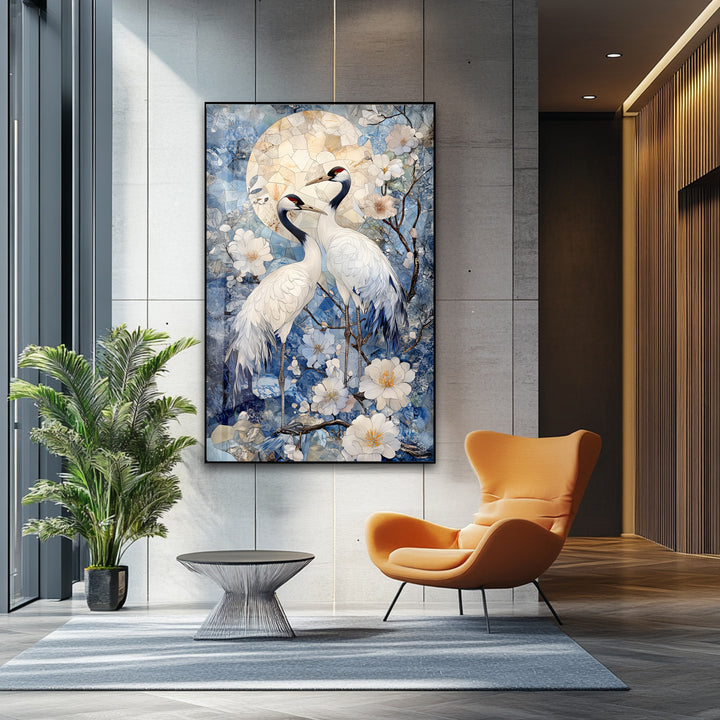 Moonlit Cranes – Elegant Nature Scene Glass Wall Art