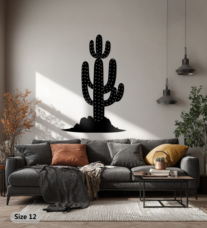 Stillness pervades this interior scene featuring a saguaro cactus metal art for wall, a desert landscape modern wall decor casting shadows in the quiet room.