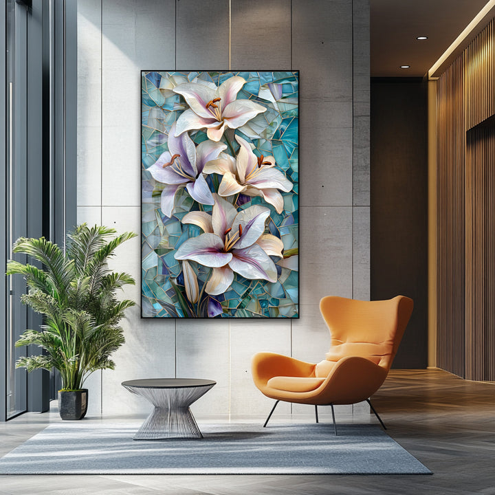 Ocean Lilies – Blue Mosaic Floral Glass Wall Art