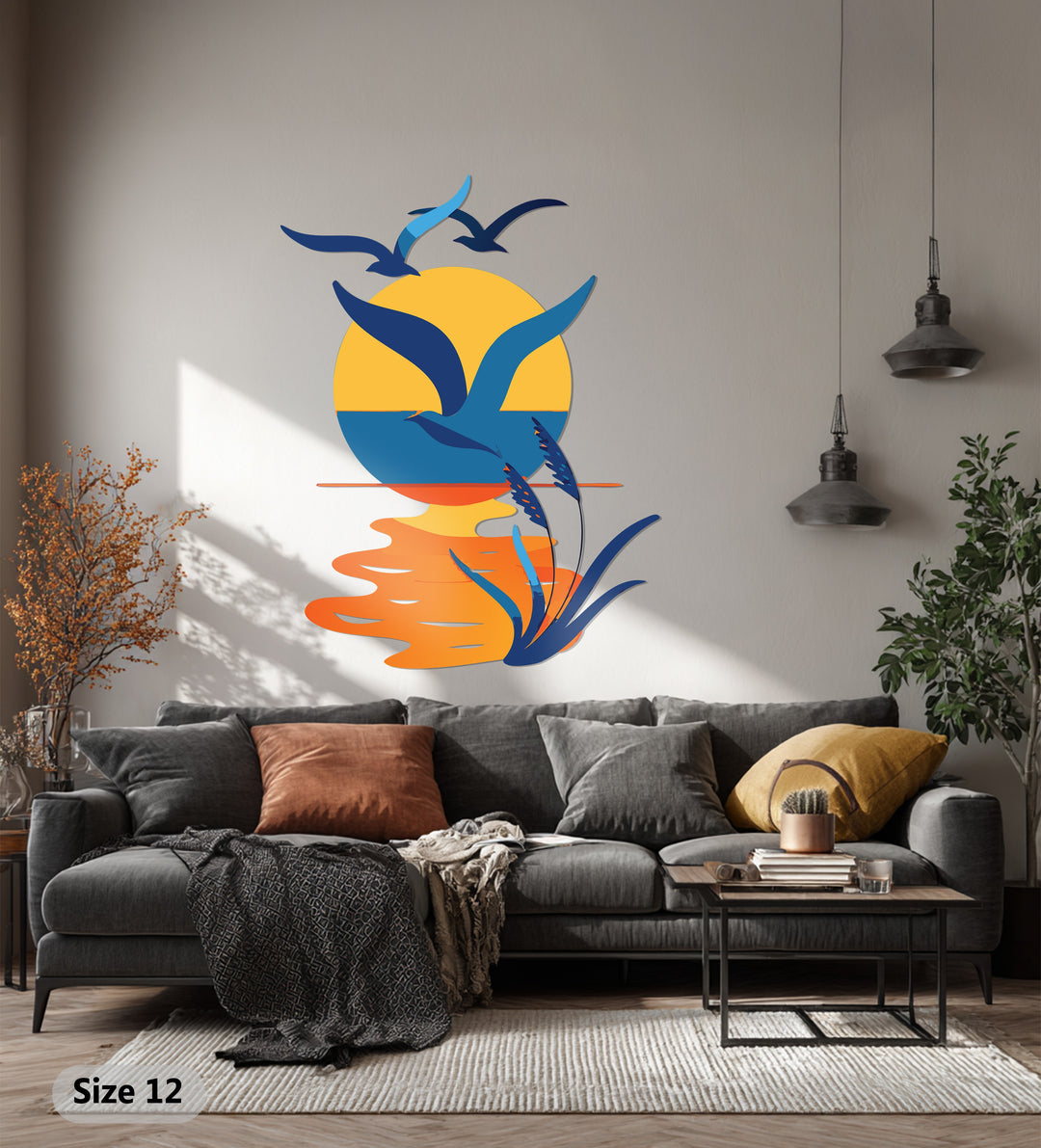 Seaside Harmony Metal Wall Art – Sunset & Flying Birds Design
