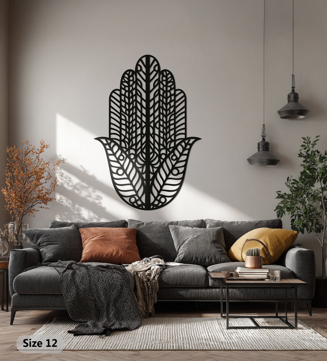 Hamsa Hand Metal Wall Art – Black Geometric Wall Sculpture