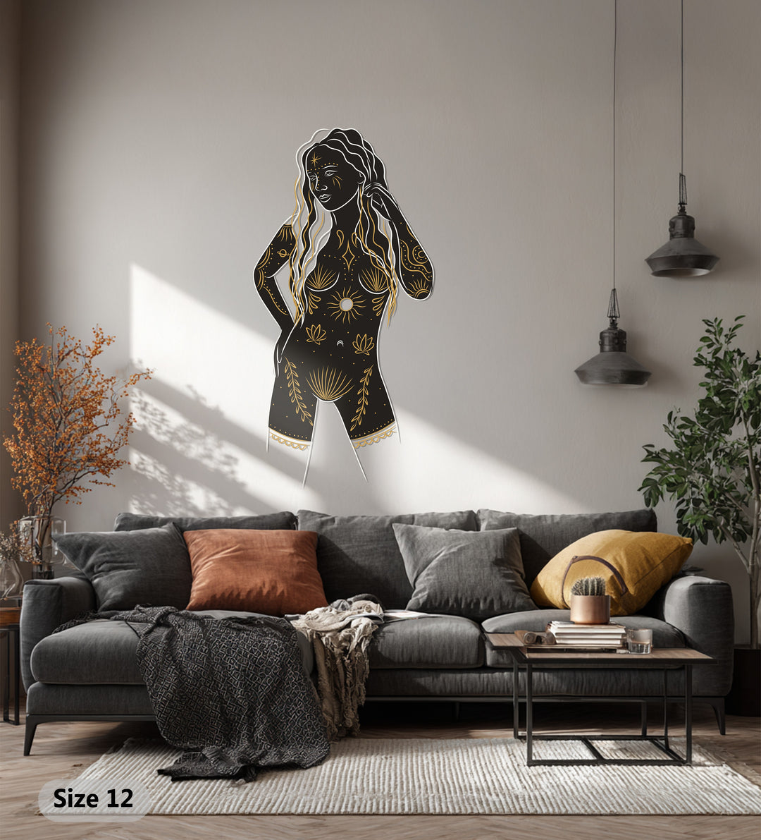Celestial Goddess Metal Wall Art – Black and Gold Feminine Silhouette Decor