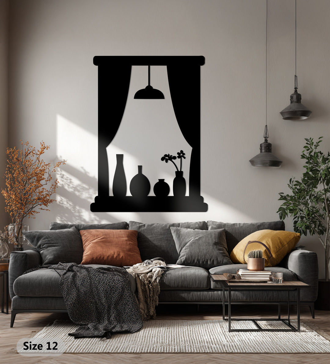 Window Scene with Vases and Lamp – Modern Metal Wall Art Decor
