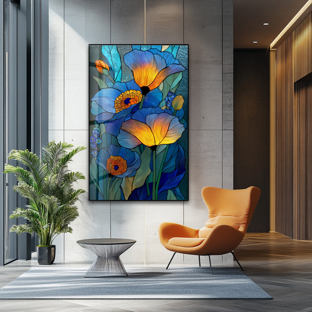 Blue Radiance Blooms – Stained Glass Flower Glass Wall Art