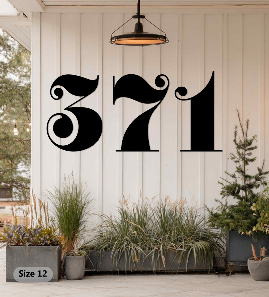 Stillness highlights the vintage style metal house numbers, a striking decoration wall art accent, creating a serene outdoor address display.