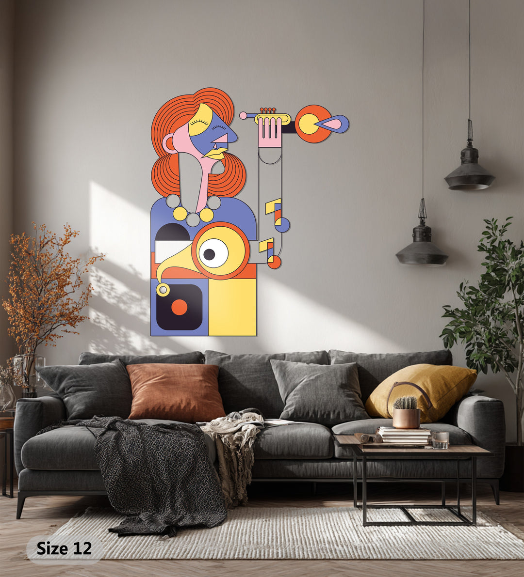 Cubist Woman with Trumpet Metal Wall Art – Abstract Musical Expression Decor