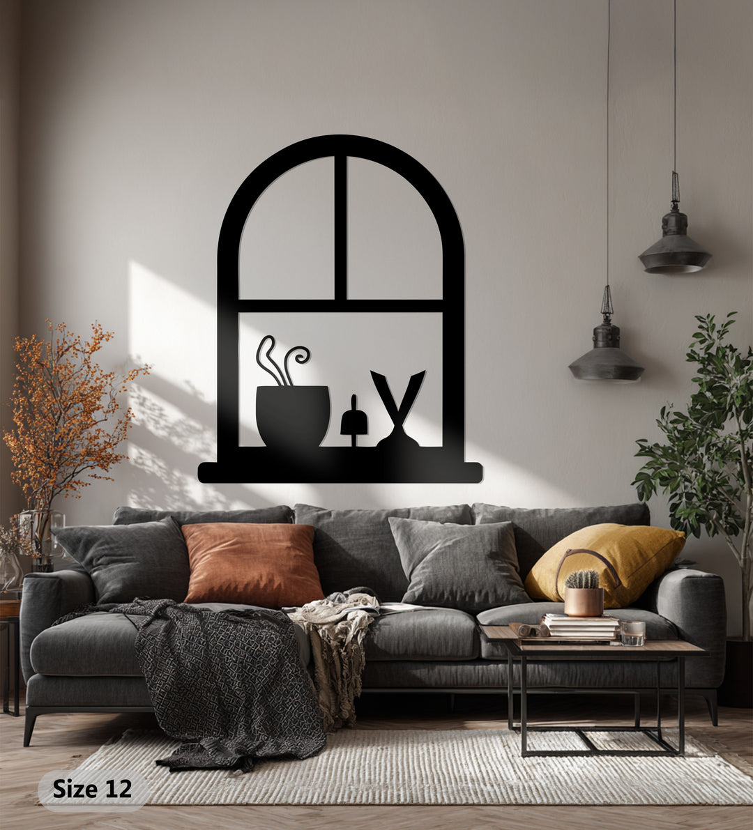 Arched Window Frame with Potted Plant – Minimalist Metal Wall Art Decor