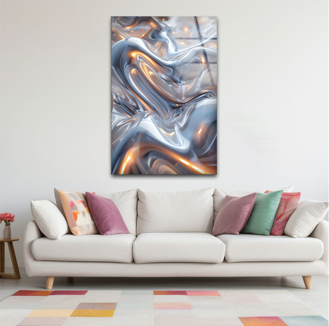 Ethereal Silver Glow – Abstract Fluid Metal Design Glass Wall Art