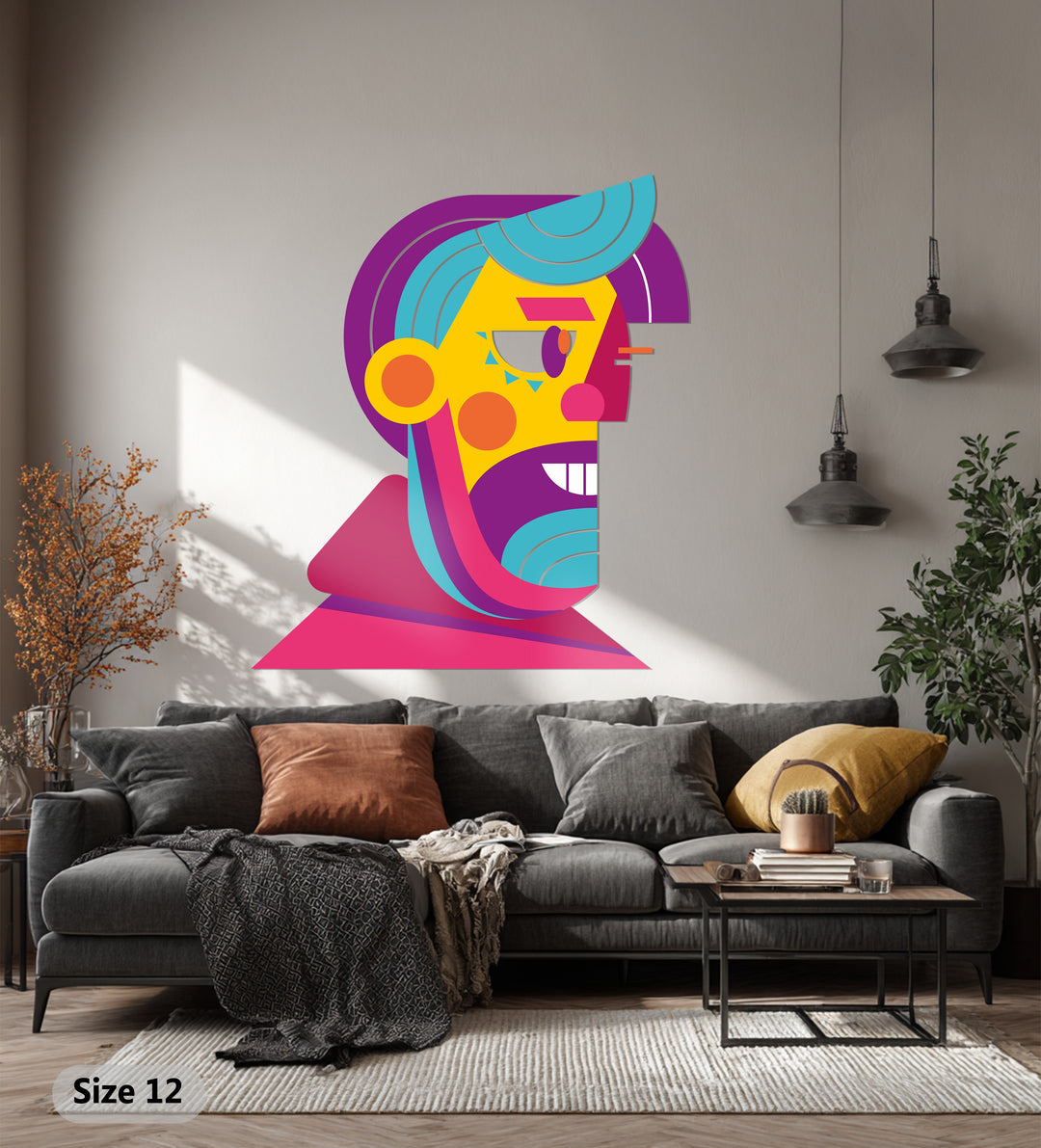 Vibrant Abstract Man Face Metal Wall Art – Modern Pop Cubist Home Decor