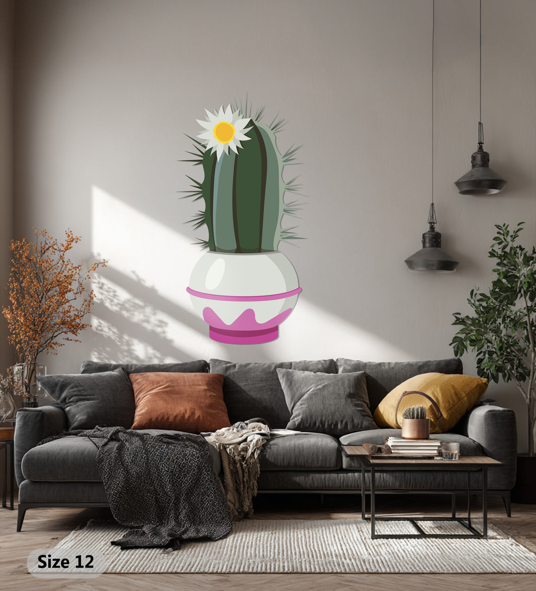 The geometric elements highlight the angular thorns and segmented cactus body within the Blossom Crown Cactus metal wall art, presenting a unique decoration wall art piece.
