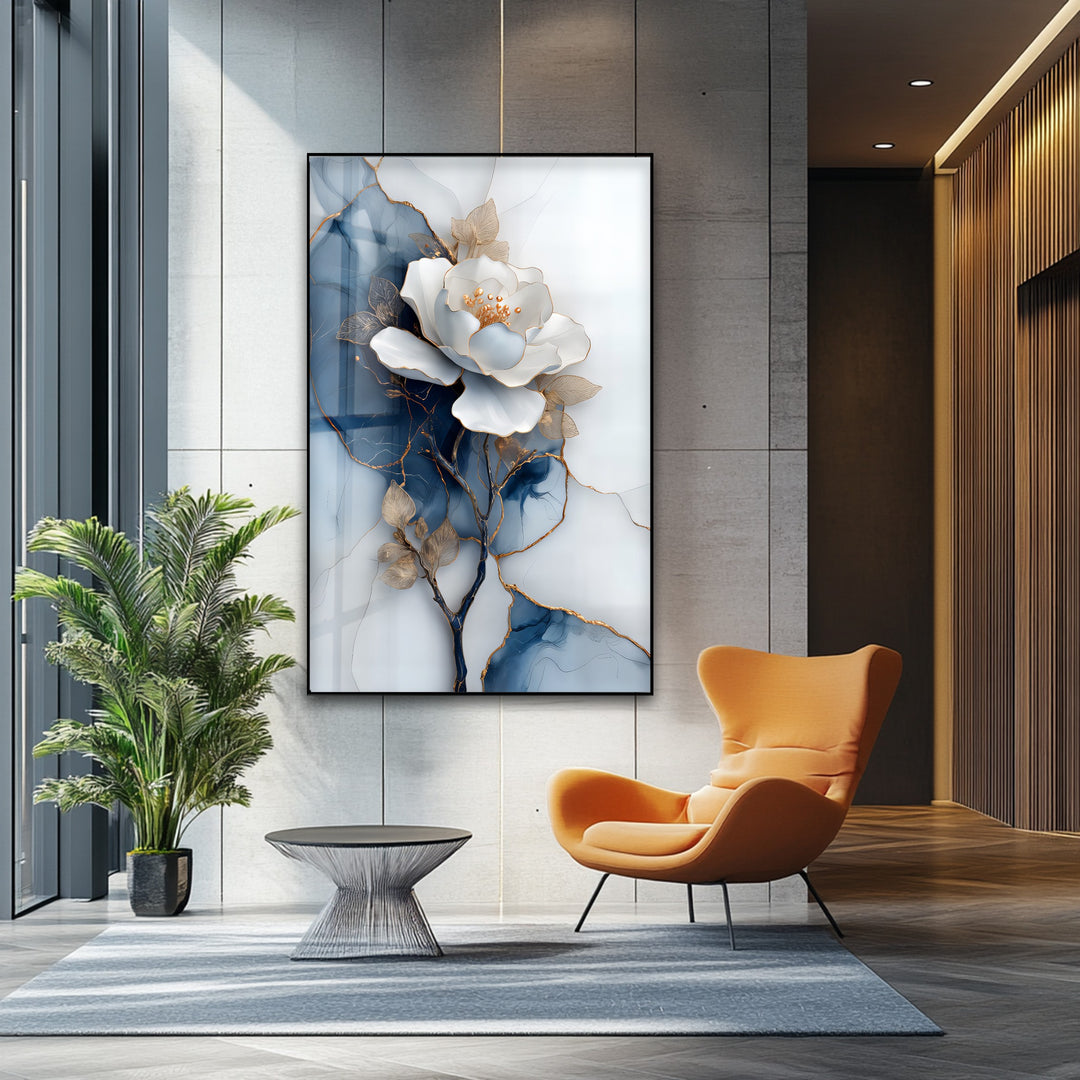 Golden Midnight Bloom – White Flower on Navy Marble Glass Wall Art