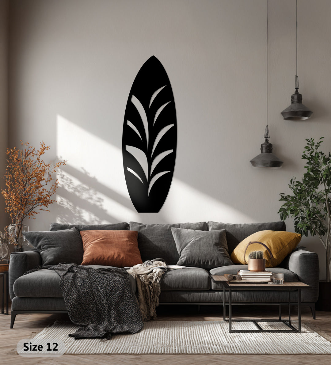 Black Surfboard Metal Wall Art – Tropical Leaf Design Coastal Decor