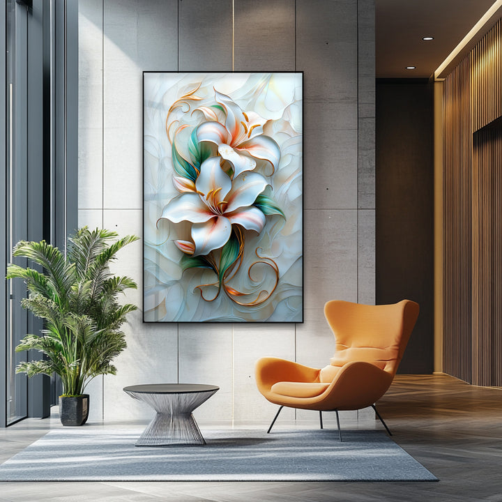 Golden Lily Bloom – Elegant Floral Glass Wall Art