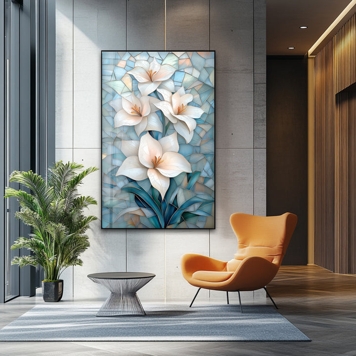 Ivory Radiance – White Lily Mosaic Glass Wall Art