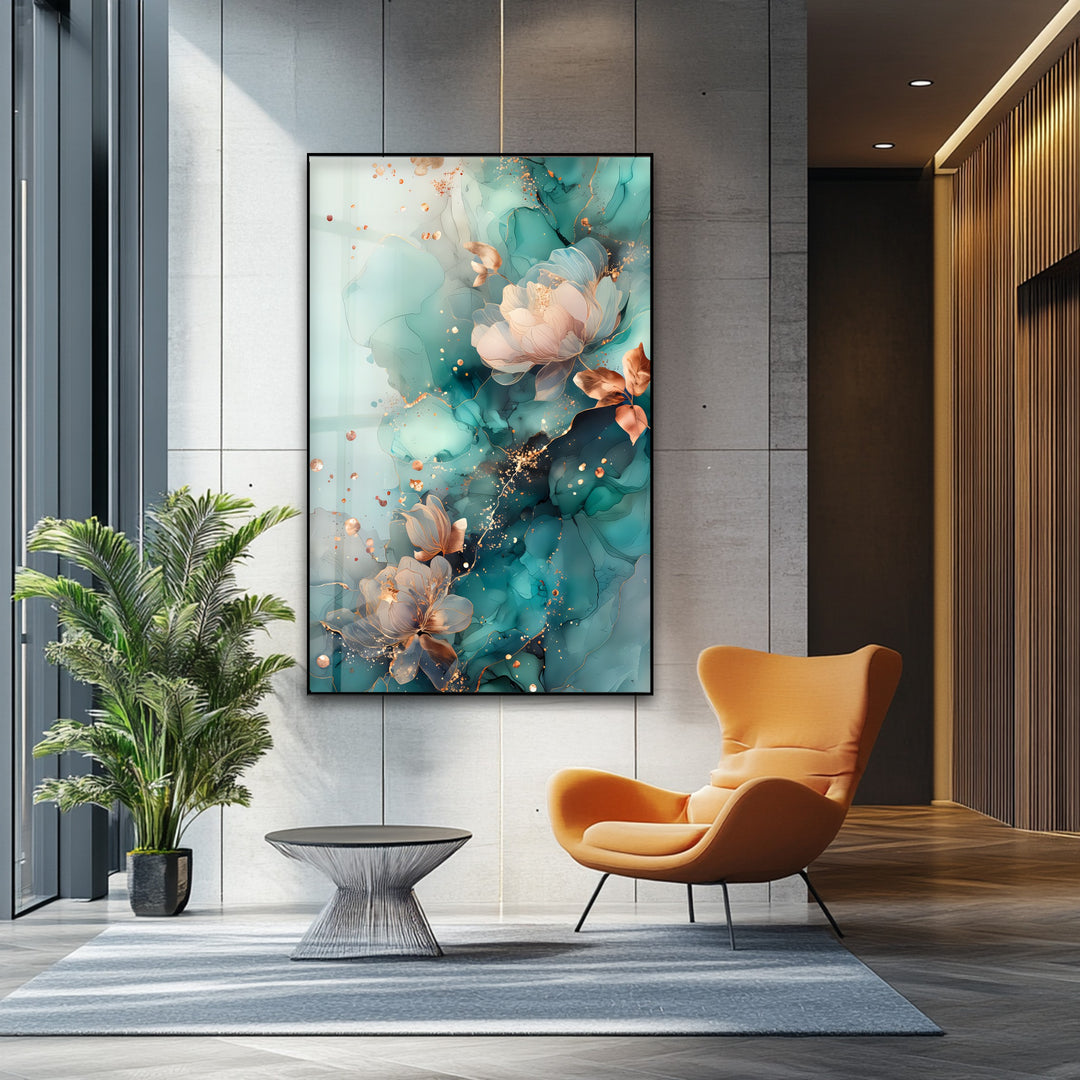 Golden Petals in Aqua Mist – Abstract Floral Glass Wall Art