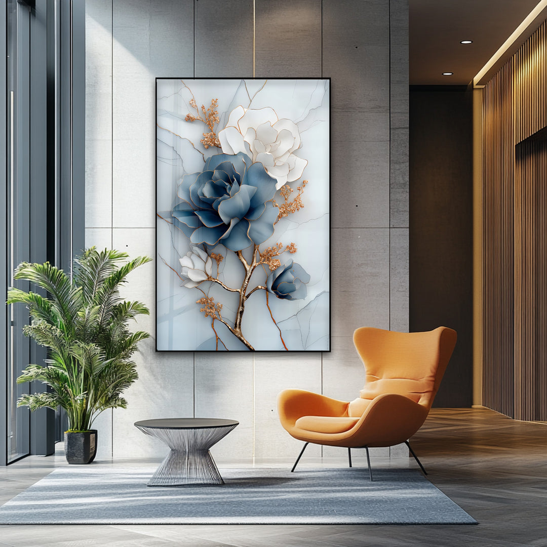 Blue Bloom Harmony – Elegant Floral Glass Wall Art