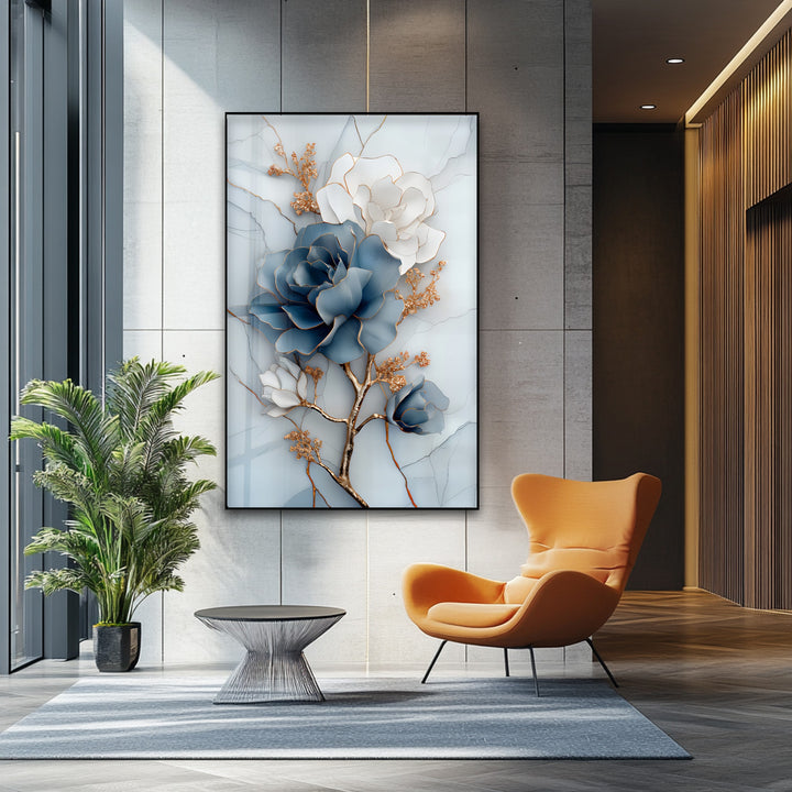 Blue Bloom Harmony – Elegant Floral Glass Wall Art