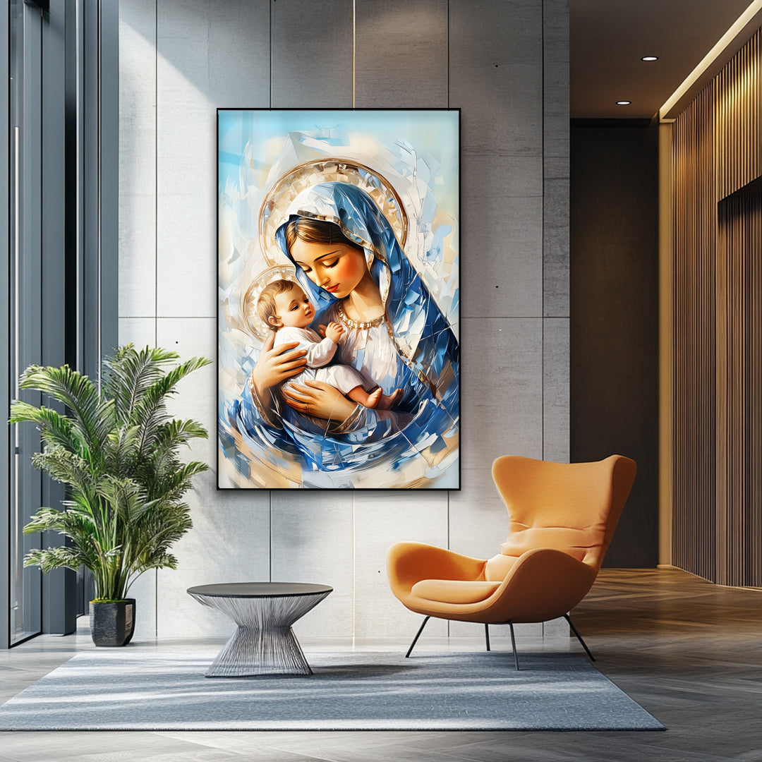 Divine Embrace – Virgin Mary and Child Jesus Glass Wall Art
