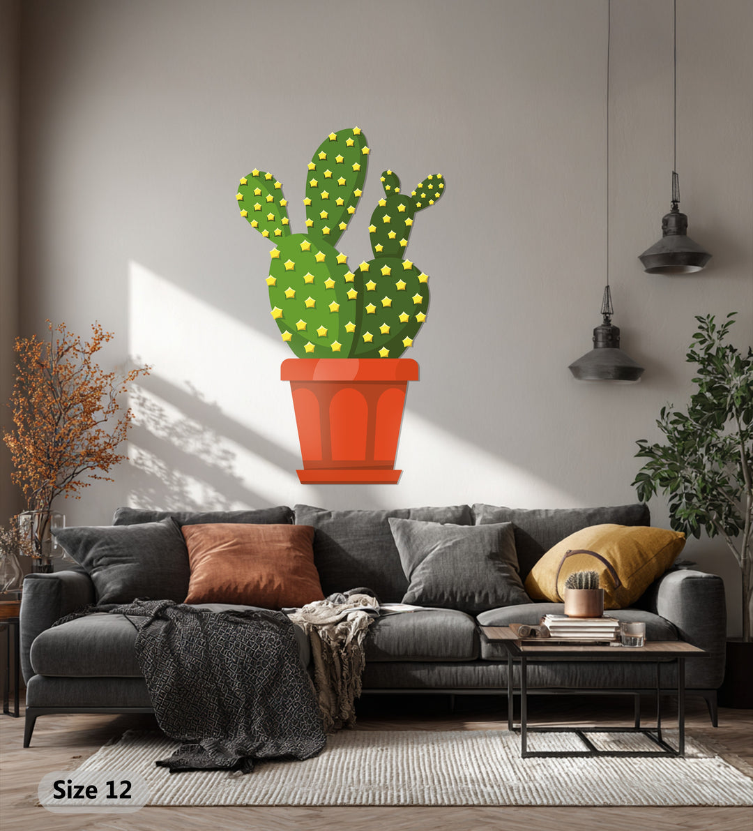 Neutral background complements the unique metal wall art prickly pear cactus decor, casting soft shadows that add depth to the minimalist botanical scene.
