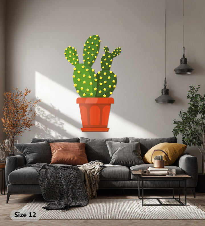 Neutral background complements the unique metal wall art prickly pear cactus decor, casting soft shadows that add depth to the minimalist botanical scene.
