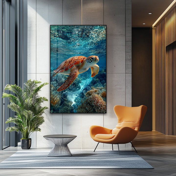 Graceful Voyager – Sea Turtle Underwater Glass Wall Art
