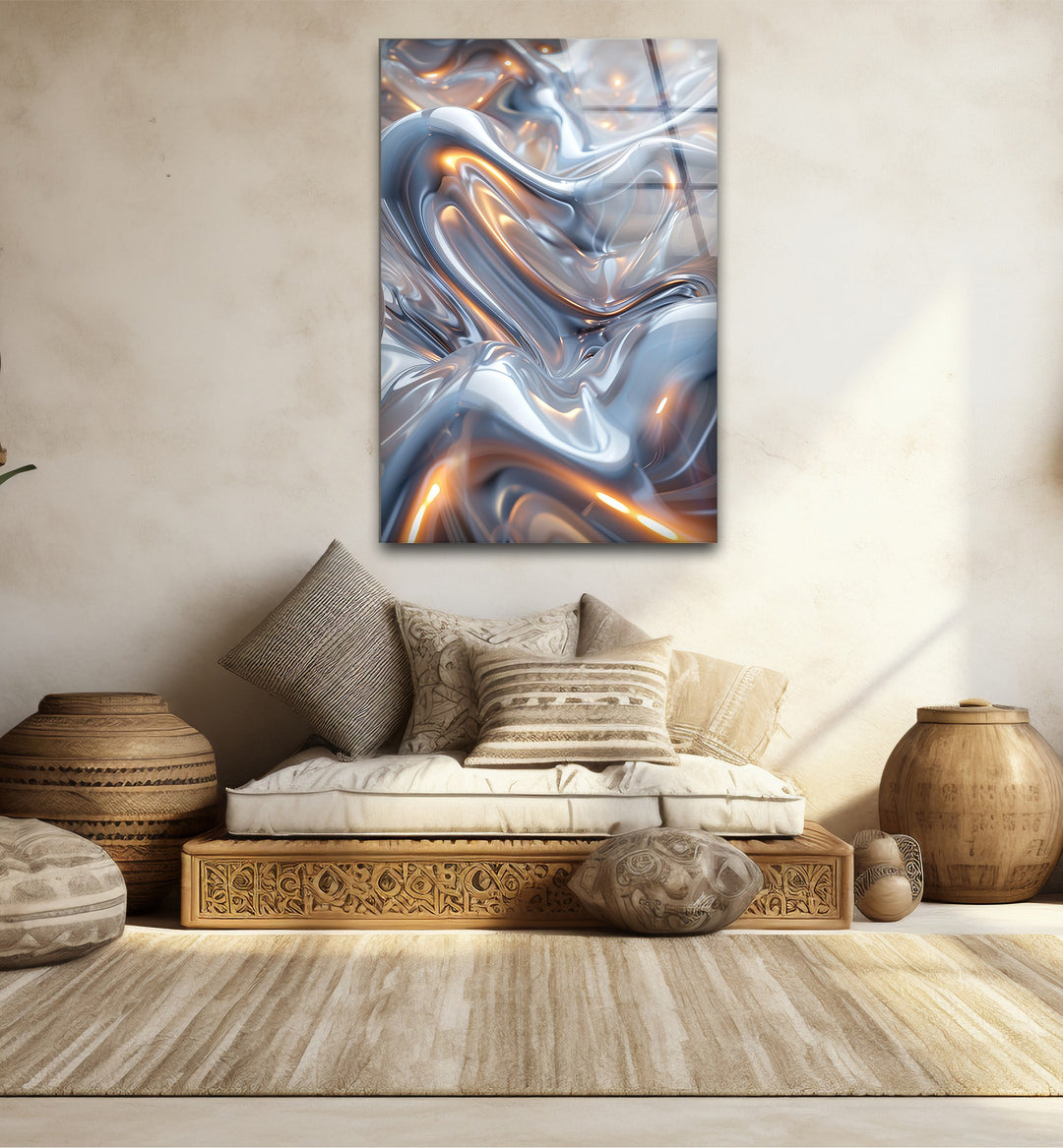 Ethereal Silver Glow – Abstract Fluid Metal Design Glass Wall Art