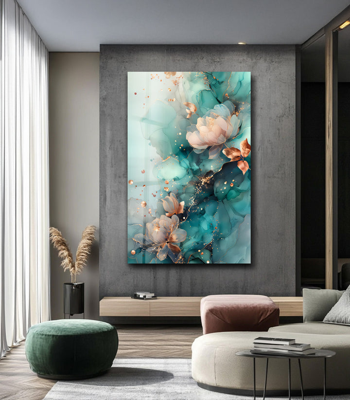 Golden Petals in Aqua Mist – Abstract Floral Glass Wall Art