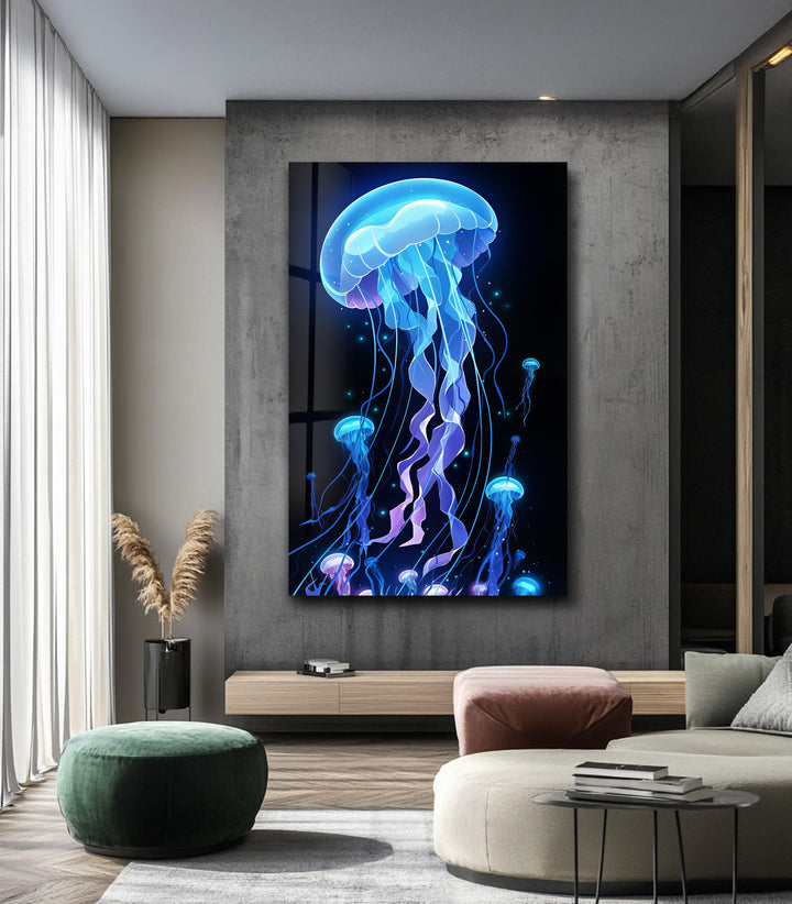 Luminous Depths – Jellyfish Glow Glass Wall Art