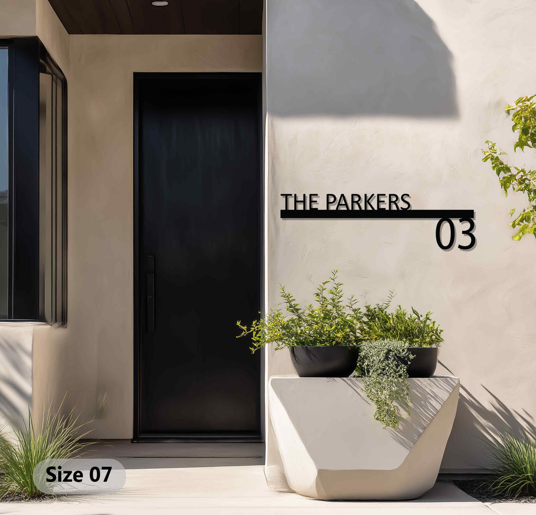 Contemporary metal house number sign exterior