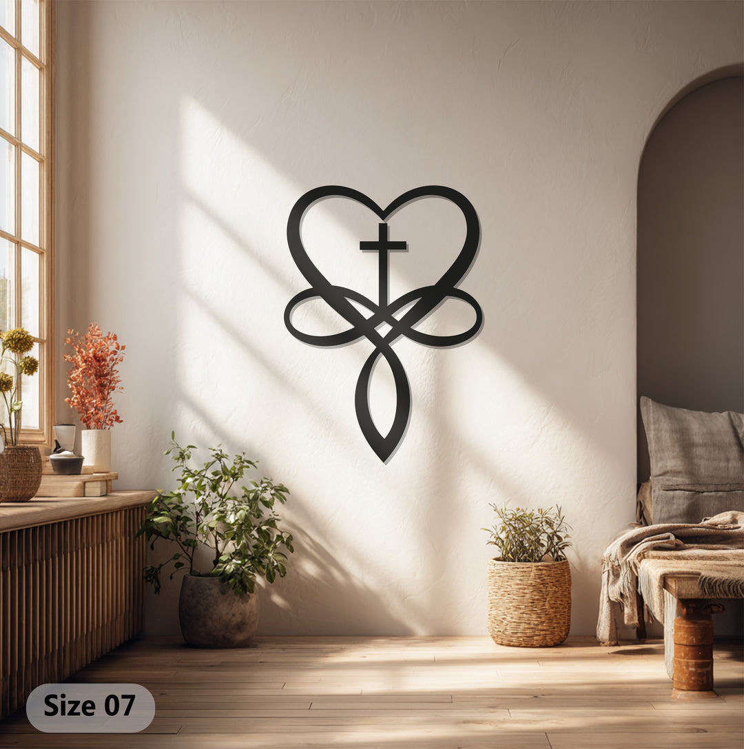 Heart Cross Metal Wall Art – Black Religious Wall Sculpture