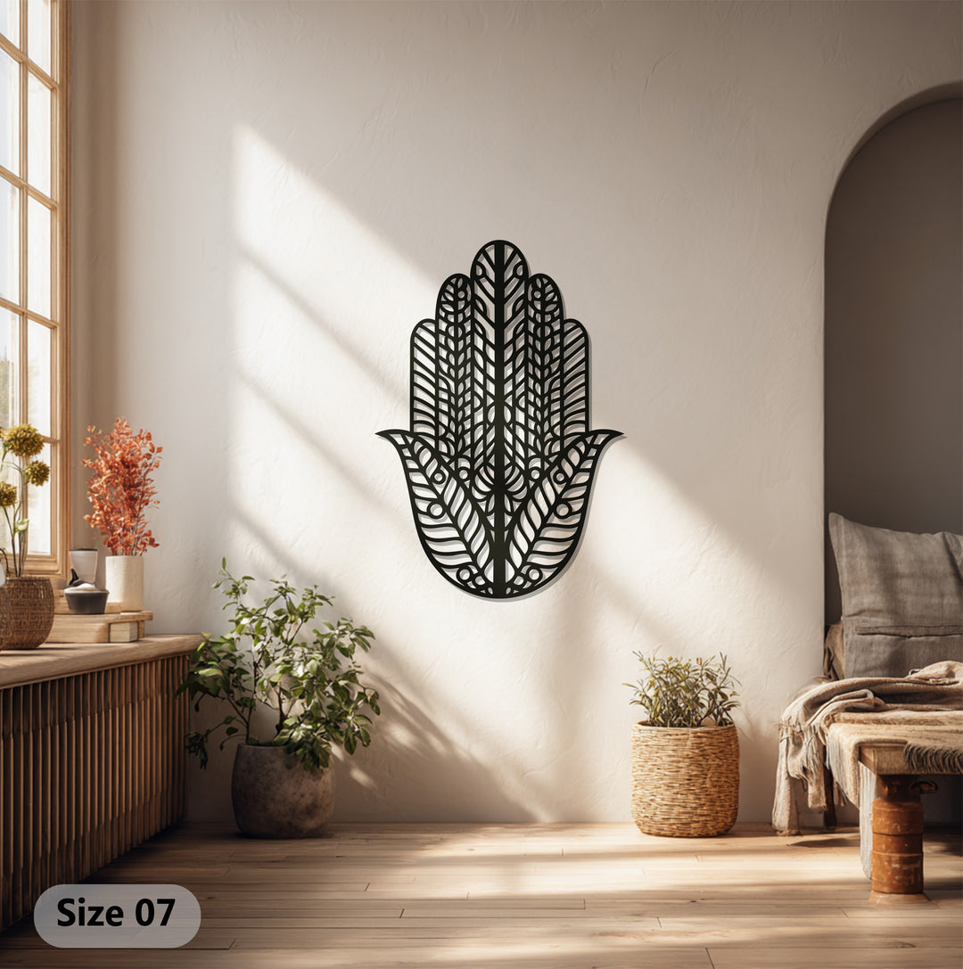 Hamsa Hand Metal Wall Art – Black Geometric Wall Sculpture