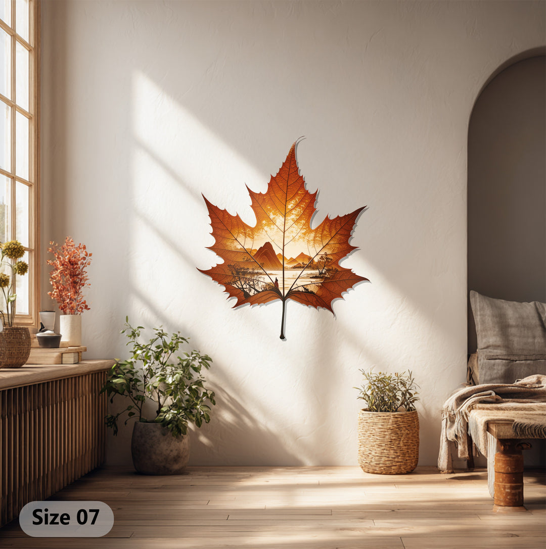 Showcasing unique metal wall art, the intricately detailed autumn horizon in this maple leaf metal wall art creates a realistic nature landscape decor.