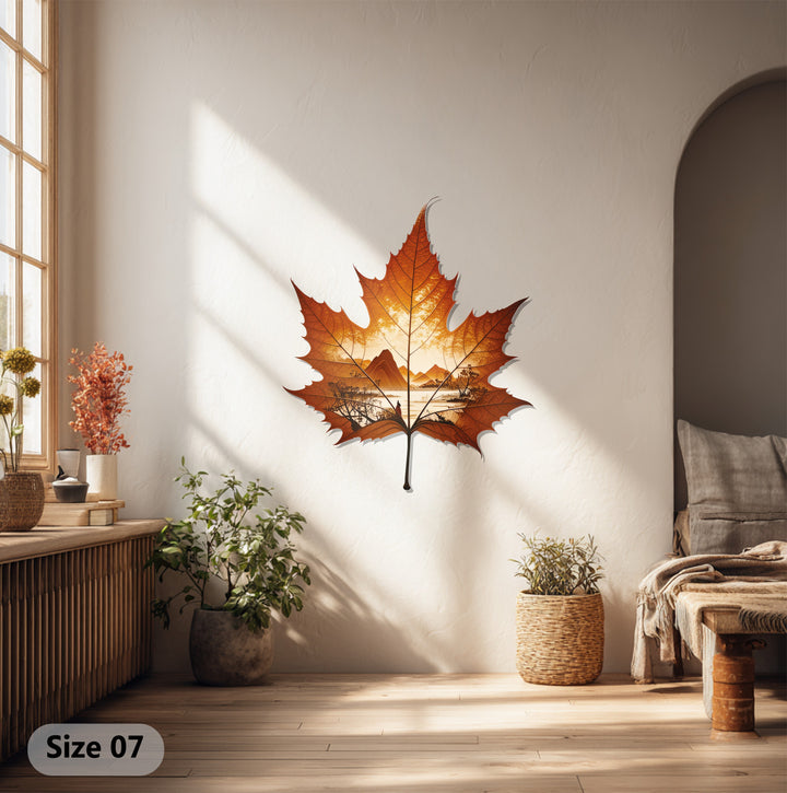 Showcasing unique metal wall art, the intricately detailed autumn horizon in this maple leaf metal wall art creates a realistic nature landscape decor.