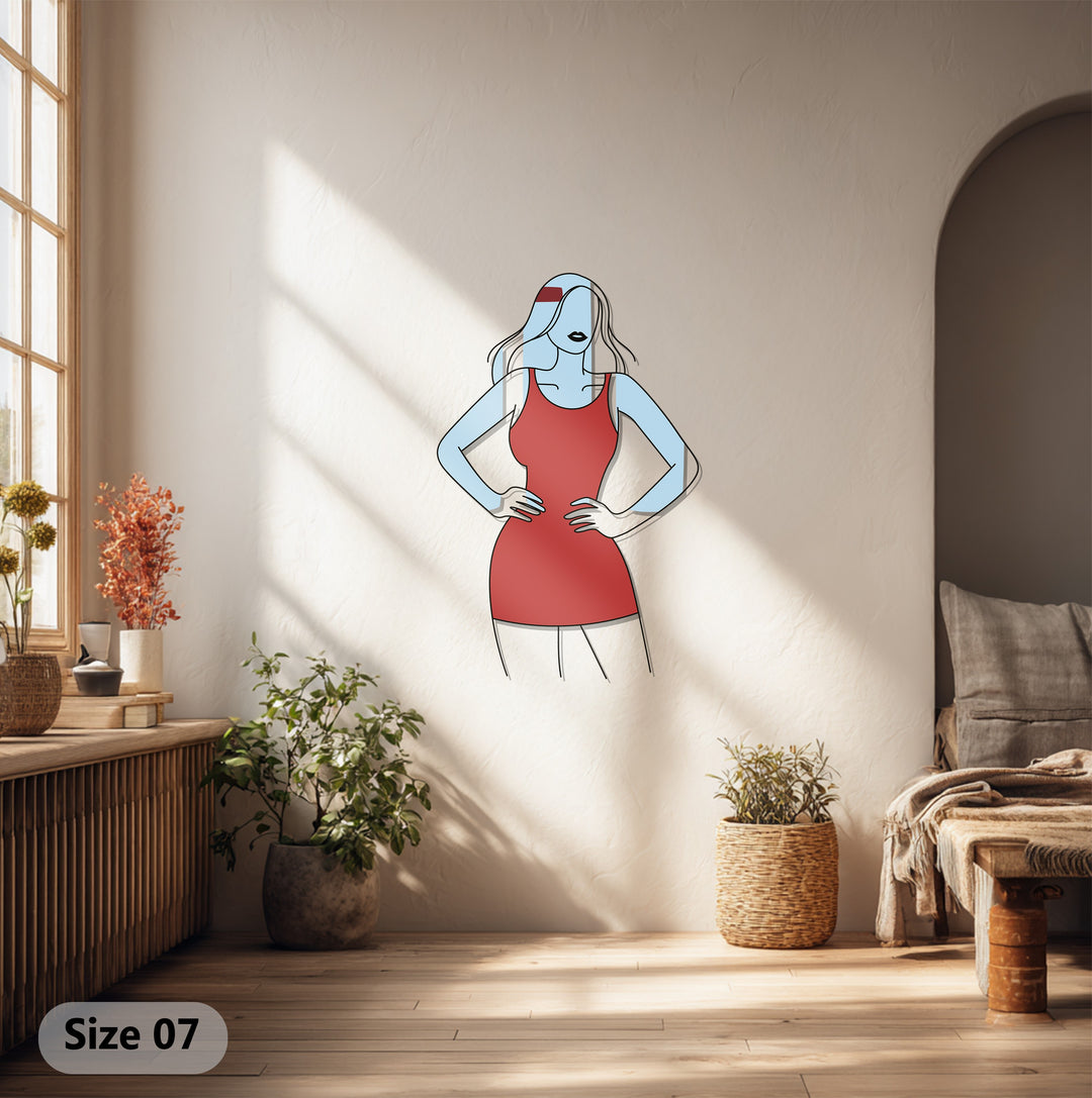 Elegant Woman in Red Dress Metal Wall Art – Modern Minimalist Home Decor