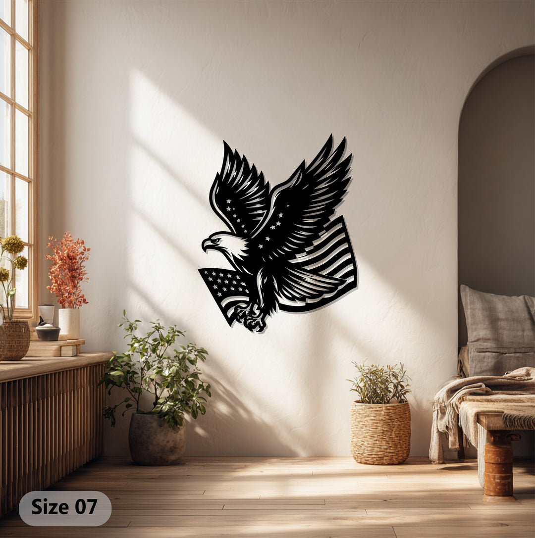 American Eagle Metal Wall Art – Patriotic Bald Eagle with USA Flag