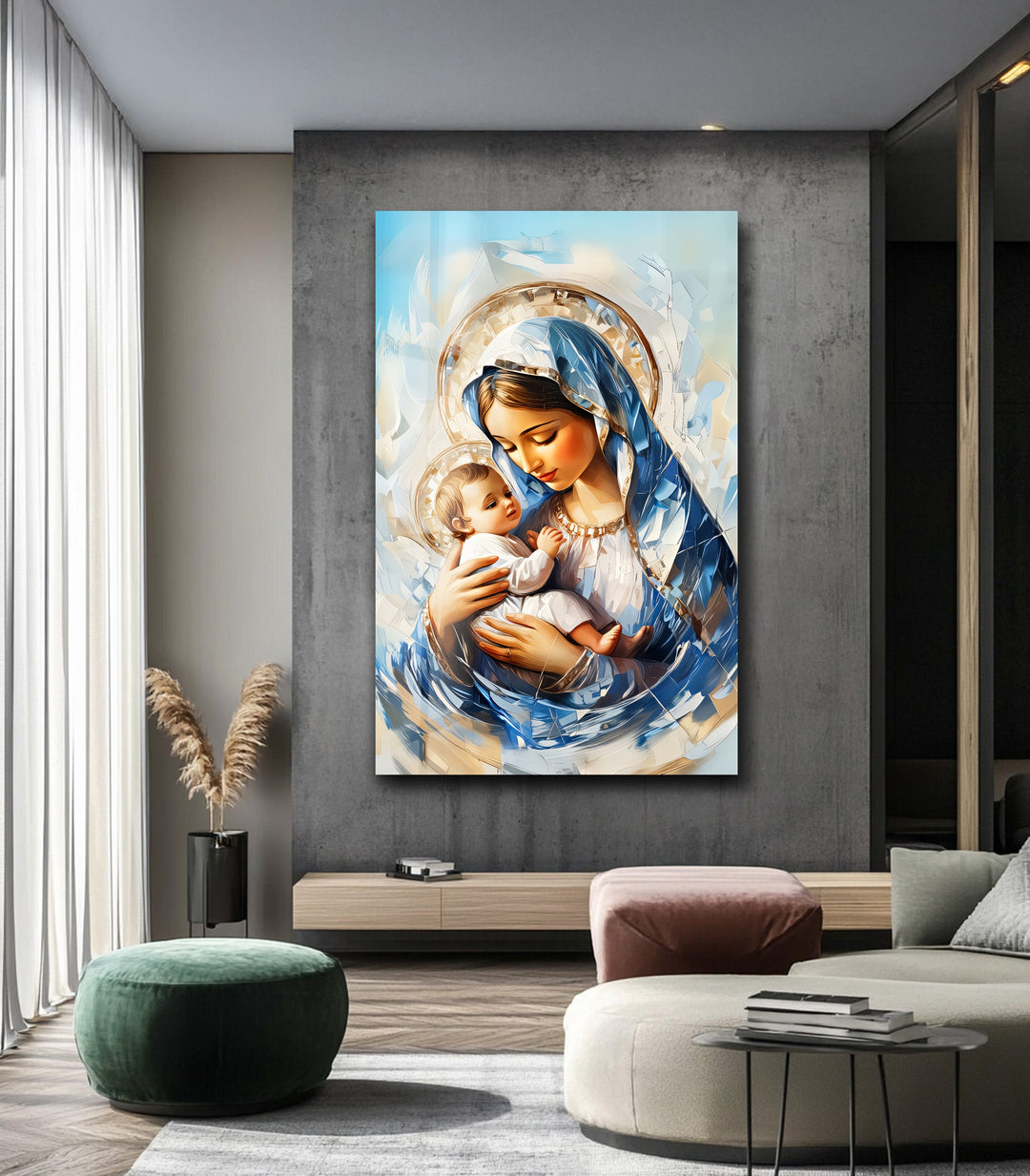 Divine Embrace – Virgin Mary and Child Jesus Glass Wall Art