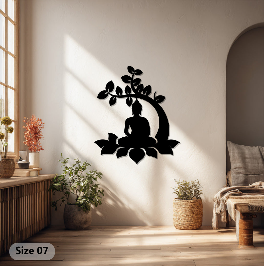 Bodhi Tree Buddha Metal Wall Art – Meditative Lotus Silhouette