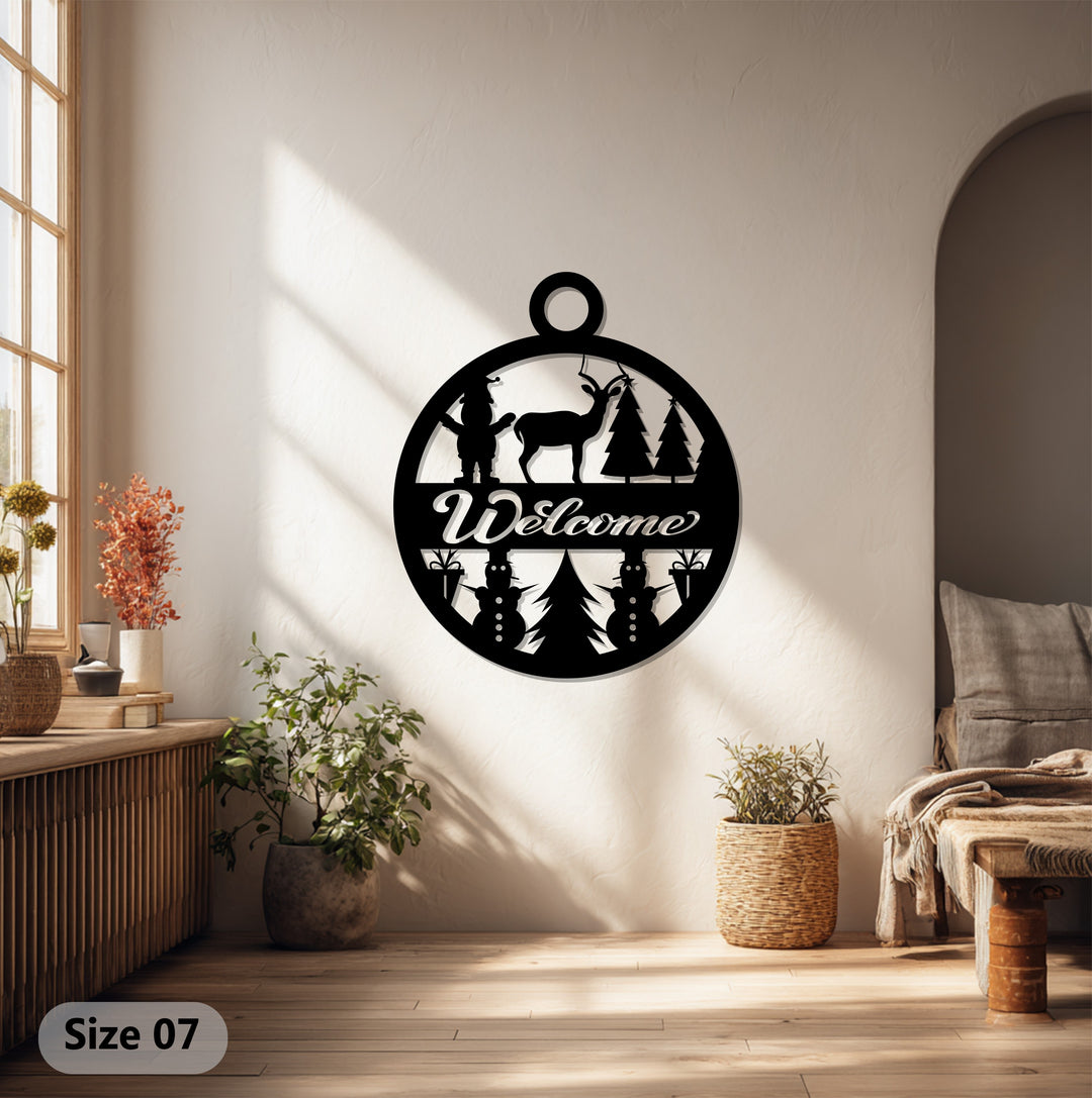 ترحيب احتفالي – غزال عيد الميلاد ورجل الثلج فن جداري معدني