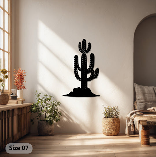 Sunlit, minimalist interior displays saguaro cactus metal art for wall, evoking a serene and modern desert mood.